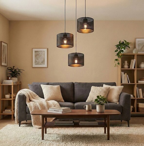 Závěsné svítidlo LUX 3 PREM – celočerné, textilní stínidla, 3× E27, šířka 43 cm