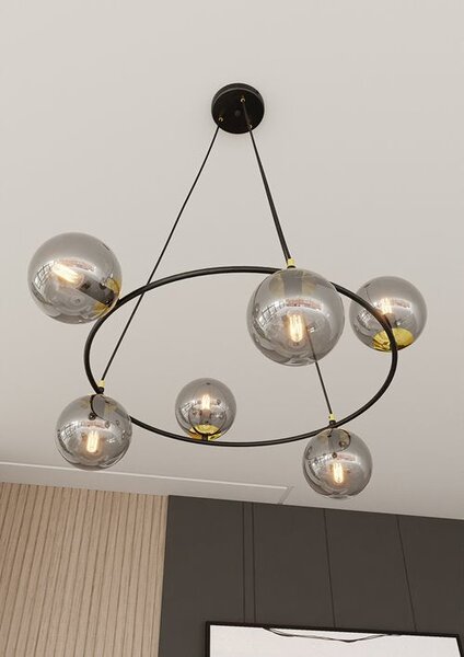 Závěsné svítidlo AZURA 6 – černé, grafitové sklo, 6× E14, šířka 75 cm
