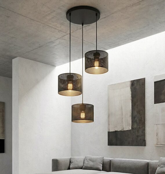 Závěsné svítidlo LUX 3 PREM – celočerné, textilní stínidla, 3× E27, šířka 43 cm