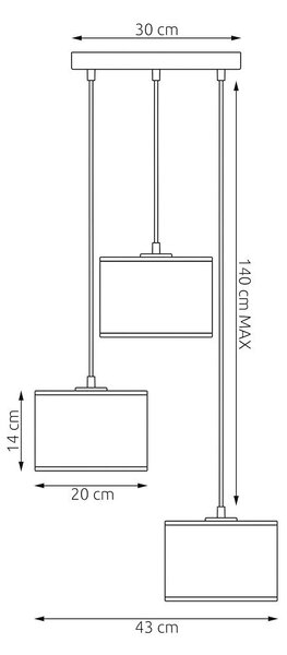 Závěsné svítidlo LUX 3 PREM – celočerné, textilní stínidla, 3× E27, šířka 43 cm