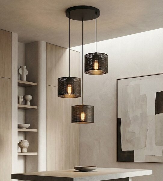 Závěsné svítidlo LUX 3 PREM – celočerné, textilní stínidla, 3× E27, šířka 43 cm