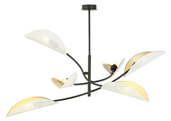 Stropní svítidlo LOTUS 6 – bílé, zlatá textilní stínidla, 6× E14, šířka 102 cm