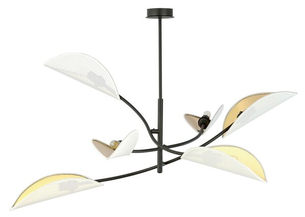 Stropní svítidlo LOTUS 6 – bílé, zlatá textilní stínidla, 6× E14, šířka 102 cm