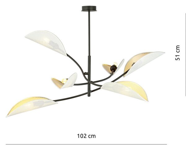 Stropní svítidlo LOTUS 6 – bílé, zlatá textilní stínidla, 6× E14, šířka 102 cm