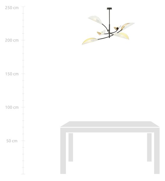 Stropní svítidlo LOTUS 6 – bílé, zlatá textilní stínidla, 6× E14, šířka 102 cm