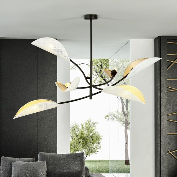 Stropní svítidlo LOTUS 6 – bílé, zlatá textilní stínidla, 6× E14, šířka 102 cm