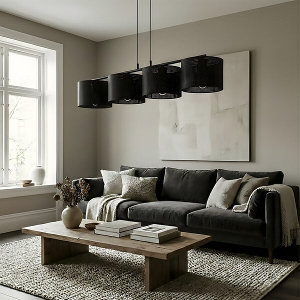 Závěsné svítidlo LUX 4 – celočerné, textilní stínidla, 4× E27, šířka 95 cm