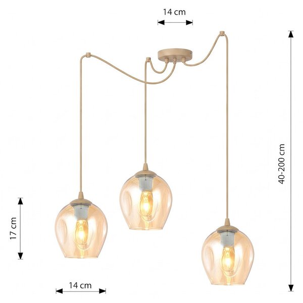 Závěsné svítidlo LEVEL 3 – moka, jantarové sklo, 3× E27, šířka 14 cm