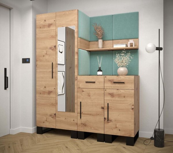 Předsíňová stěna se zrcadlem Artin 15 - dub Artisan Barva: Mátová - Manila 11