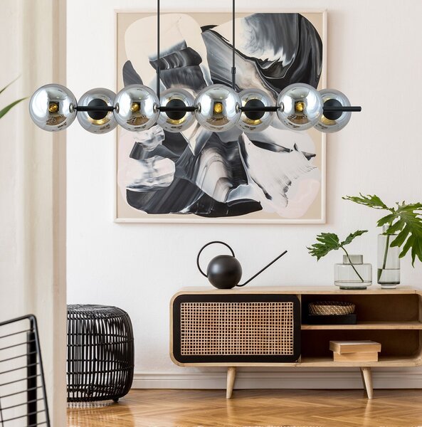 Závěsné svítidlo RORY 8 – černé, grafitové sklo, 8× E14, šířka 115 cm