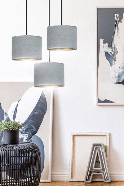 Závěsné svítidlo HILDE 3 PREM – černé, šedá textilní stínidla, 3× E27, šířka 50 cm