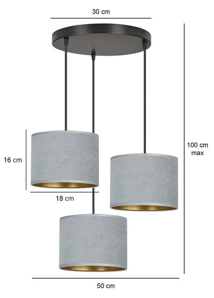 Závěsné svítidlo HILDE 3 PREM – černé, šedá textilní stínidla, 3× E27, šířka 50 cm