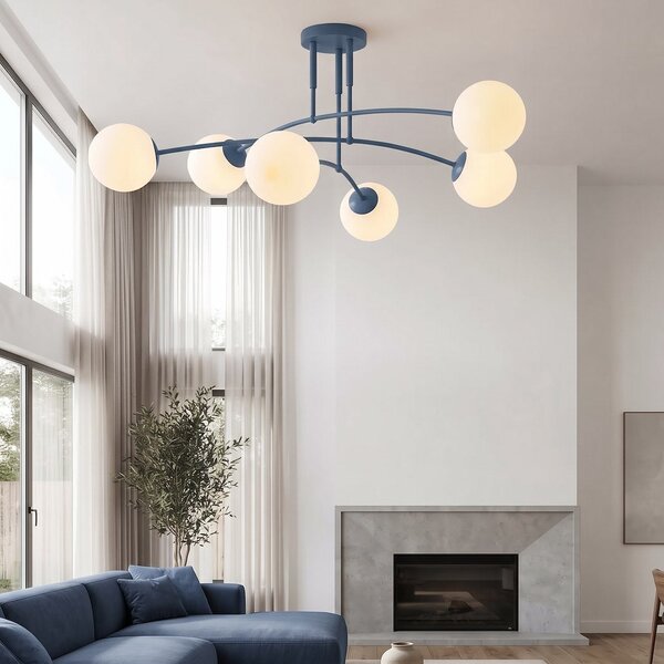 Stropní svítidlo PREGOS 6 – tlumeně modré, bílé sklo, 6× E14, šířka 60 cm