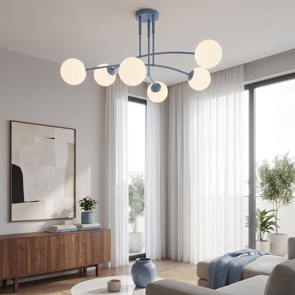 Stropní svítidlo PREGOS 6 – tlumeně modré, bílé sklo, 6× E14, šířka 60 cm