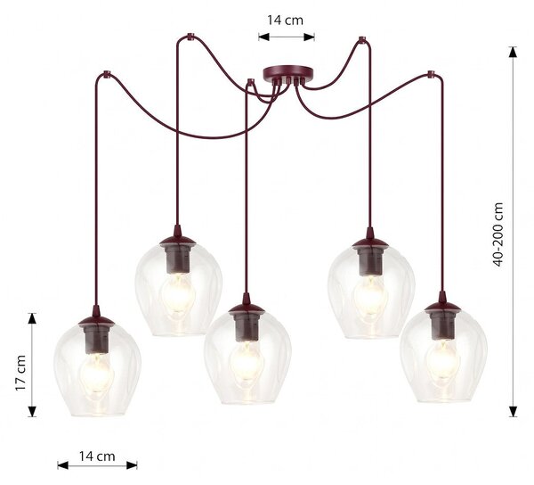 Závěsné svítidlo LEVEL 5 – vínové, čiré sklo, 5× E27, šířka 14 cm