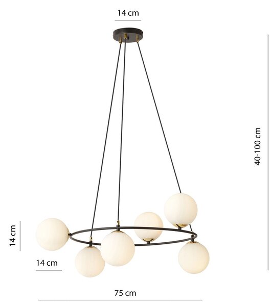 Závěsné svítidlo AZURA 6 – černé, opálové sklo, 6× E14, šířka 75 cm