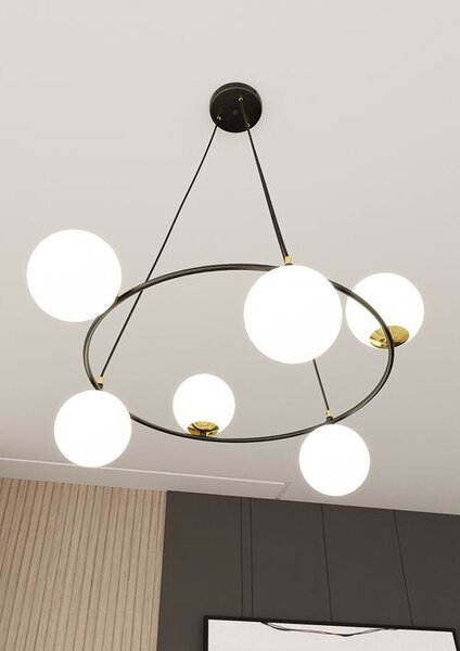 Závěsné svítidlo AZURA 6 – černé, opálové sklo, 6× E14, šířka 75 cm