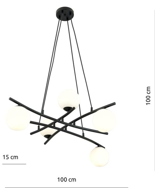 Závěsné svítidlo ESSA 5 – černé, opálové sklo, 5× E14, šířka 100 cm