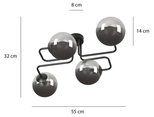 Stropní svítidlo BRENDI 4 – černé, grafitové sklo, 4× E14, šířka 55 cm