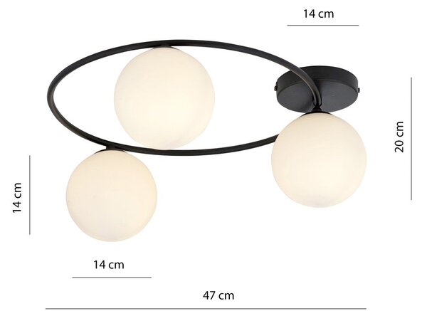 Stropní svítidlo SOPRA 3 – černé, opálové sklo, 3× E14, šířka 47 cm