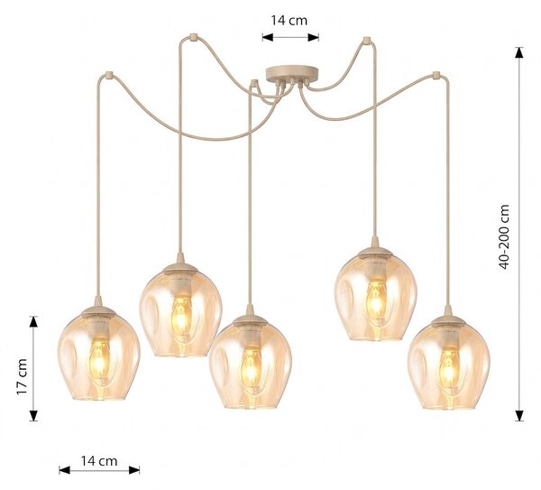 Závěsné svítidlo LEVEL 5 – moka, jantarové sklo, 5× E27, šířka 14 cm