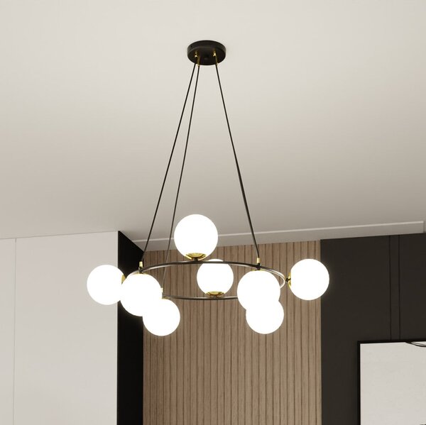 Závěsné svítidlo AZURA 8 – černé, opálové sklo, 7× E14, šířka 75 cm