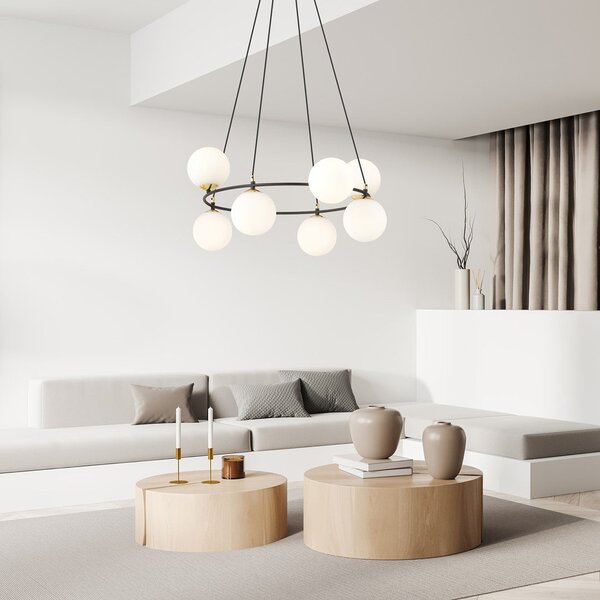Závěsné svítidlo AZURA 8 – černé, opálové sklo, 7× E14, šířka 75 cm