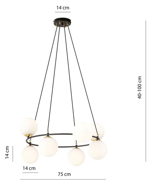 Závěsné svítidlo AZURA 8 – černé, opálové sklo, 7× E14, šířka 75 cm