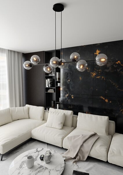 Závěsné svítidlo ROSSI 8 – černé, grafitové sklo, 8× E14, šířka 130 cm