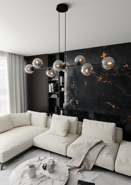 Závěsné svítidlo ROSSI 8 – černé, grafitové sklo, 8× E14, šířka 130 cm