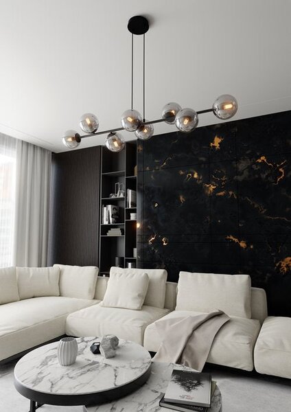Závěsné svítidlo ROSSI 8 – černé, grafitové sklo, 8× E14, šířka 130 cm