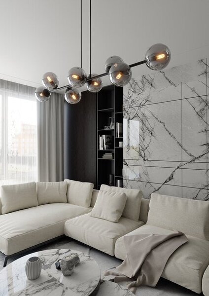 Závěsné svítidlo ROSSI 8 – černé, grafitové sklo, 8× E14, šířka 130 cm
