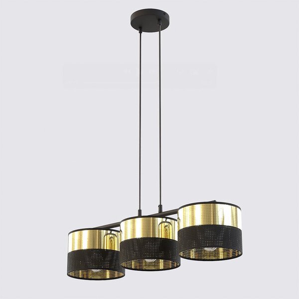 Závěsné svítidlo LUX 3 – černé / zlaté, textilní stínidla, 3× E27, šířka 70 cm