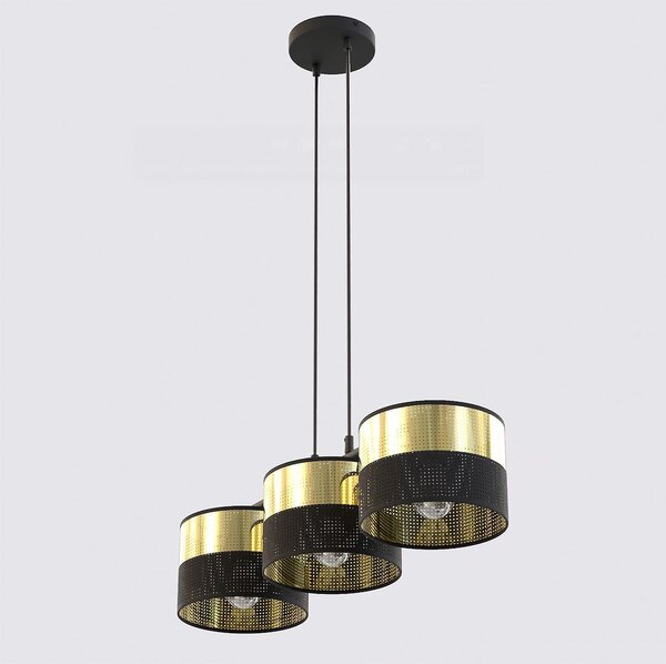 Závěsné svítidlo LUX 3 – černé / zlaté, textilní stínidla, 3× E27, šířka 70 cm