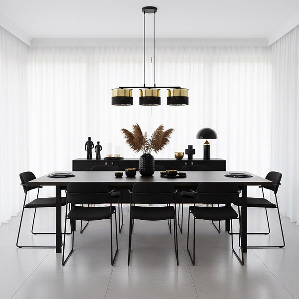 Závěsné svítidlo LUX 3 – černé / zlaté, textilní stínidla, 3× E27, šířka 70 cm