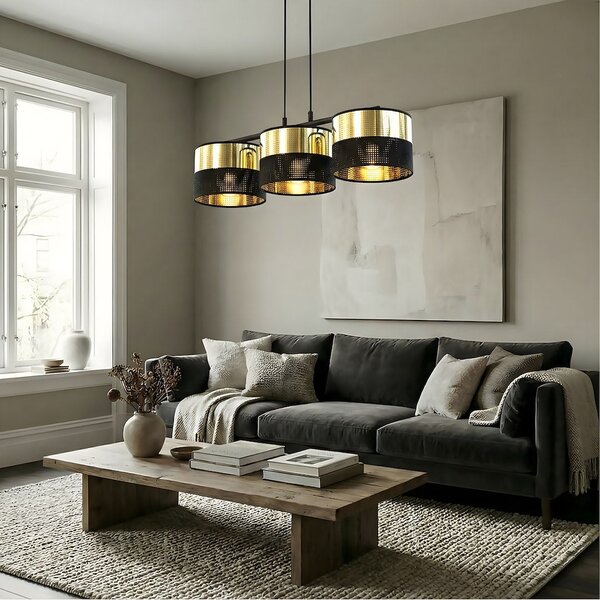 Závěsné svítidlo LUX 3 – černé / zlaté, textilní stínidla, 3× E27, šířka 70 cm