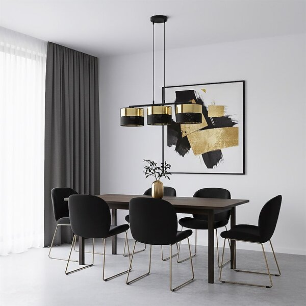 Závěsné svítidlo LUX 3 – černé / zlaté, textilní stínidla, 3× E27, šířka 70 cm