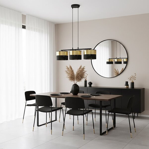 Závěsné svítidlo LUX 3 – černé / zlaté, textilní stínidla, 3× E27, šířka 70 cm