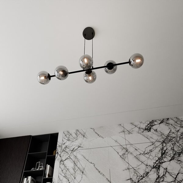 Závěsné svítidlo ROSSI 6 – černé, grafitové sklo, 6× E14, šířka 110 cm