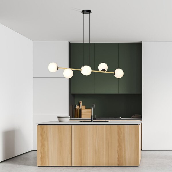 Závěsné svítidlo GRAVITY 6 – černé, opálové sklo, 6× E14, šířka 110 cm