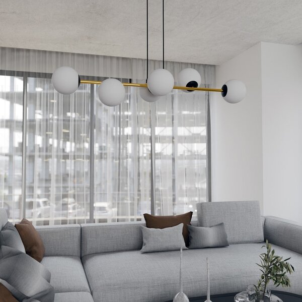 Závěsné svítidlo GRAVITY 6 – černé, opálové sklo, 6× E14, šířka 110 cm