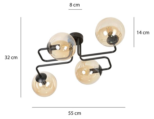 Stropní svítidlo BRENDI 4 – černé, jantarové sklo, 4× E14, šířka 55 cm