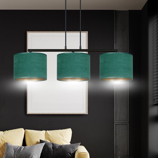 Závěsné svítidlo HILDE 3 – černé, zelená textilní stínidla, 3× E27, šířka 72 cm