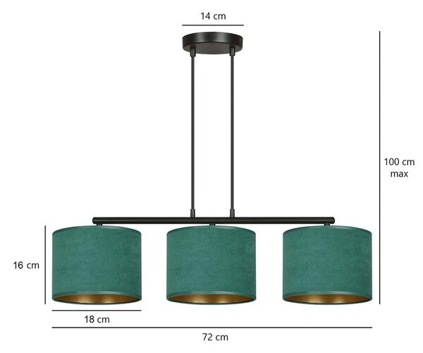 Závěsné svítidlo HILDE 3 – černé, zelená textilní stínidla, 3× E27, šířka 72 cm