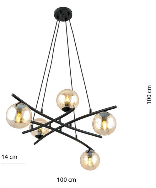 Závěsné svítidlo ESSA 5 – černé, jantarové sklo, 5× E14, šířka 100 cm
