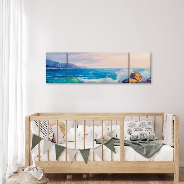 Obraz vln narážejících na útesy, olejomalba (170x50 cm)