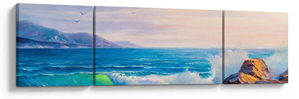 Obraz vln narážejících na útesy, olejomalba (170x50 cm)