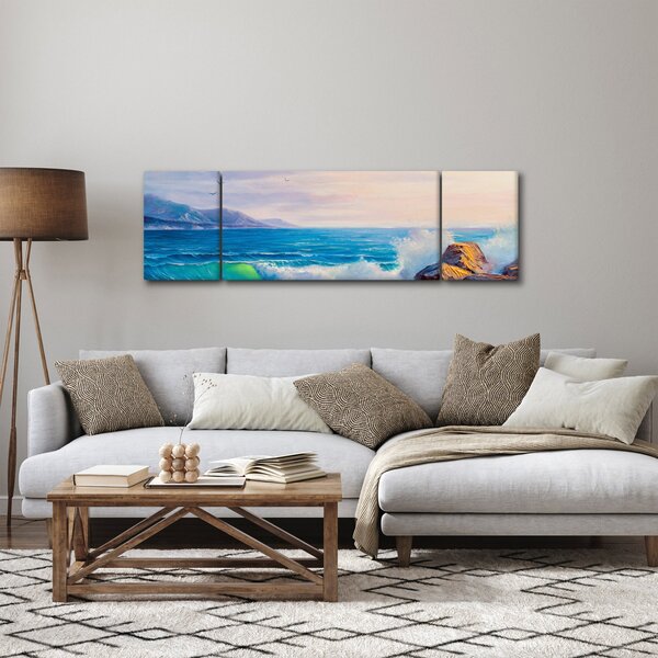 Obraz vln narážejících na útesy, olejomalba (170x50 cm)