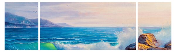 Obraz vln narážejících na útesy, olejomalba (170x50 cm)