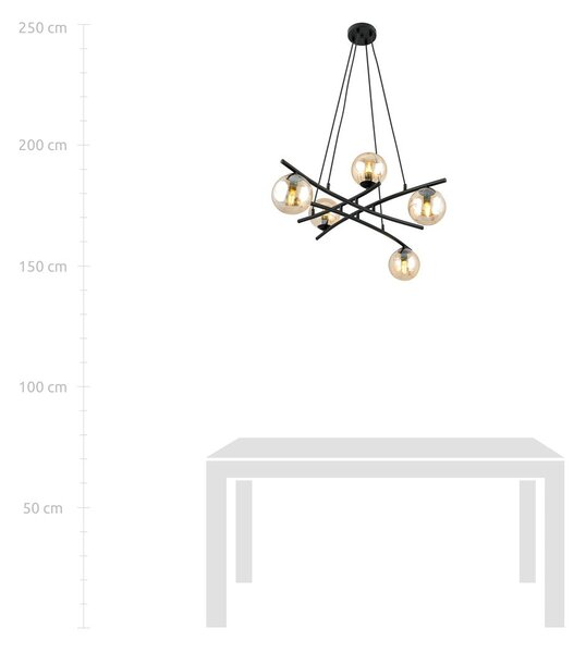 Závěsné svítidlo ESSA 5 – černé, jantarové sklo, 5× E14, šířka 100 cm